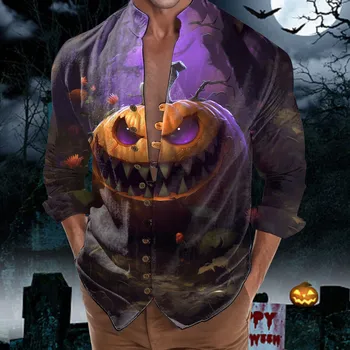 Мужская праздничная рубашка с длинными рукавами и принтом в виде тыквенной головы на Хэллоуин, модная дышащая повседневная рубашка большого размера