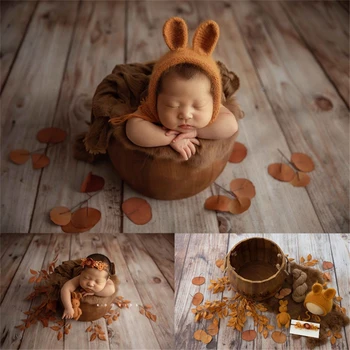 Реквизит для фотосъемки новорожденных Осенне-Оранжевый Винтажный Комплект Шляпа с Оберткой Кукла-Кролик Деревянная Ванна Фон Листья Реквизит для студийной съемки