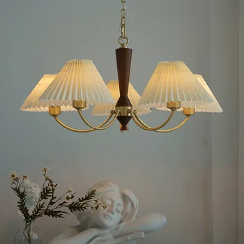 Скандинавские плиссированные подвесные светильники Современные Простые светильники из орехового дерева для столовой, кабинета, гостиной, спальни, Декоративная люстра