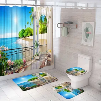 Тропический синий океан, Пляж, Набор штор для душа, Европейский Балкон, Цветочные пейзажи, занавеска для ванной комнаты, нескользящий коврик, Коврик для ванной, крышка унитаза